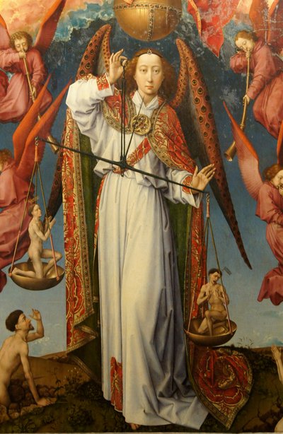 Primer plano del Arcángel San Miguel pesando almas, retablo del Juicio Final de Rogier van der Weyden
